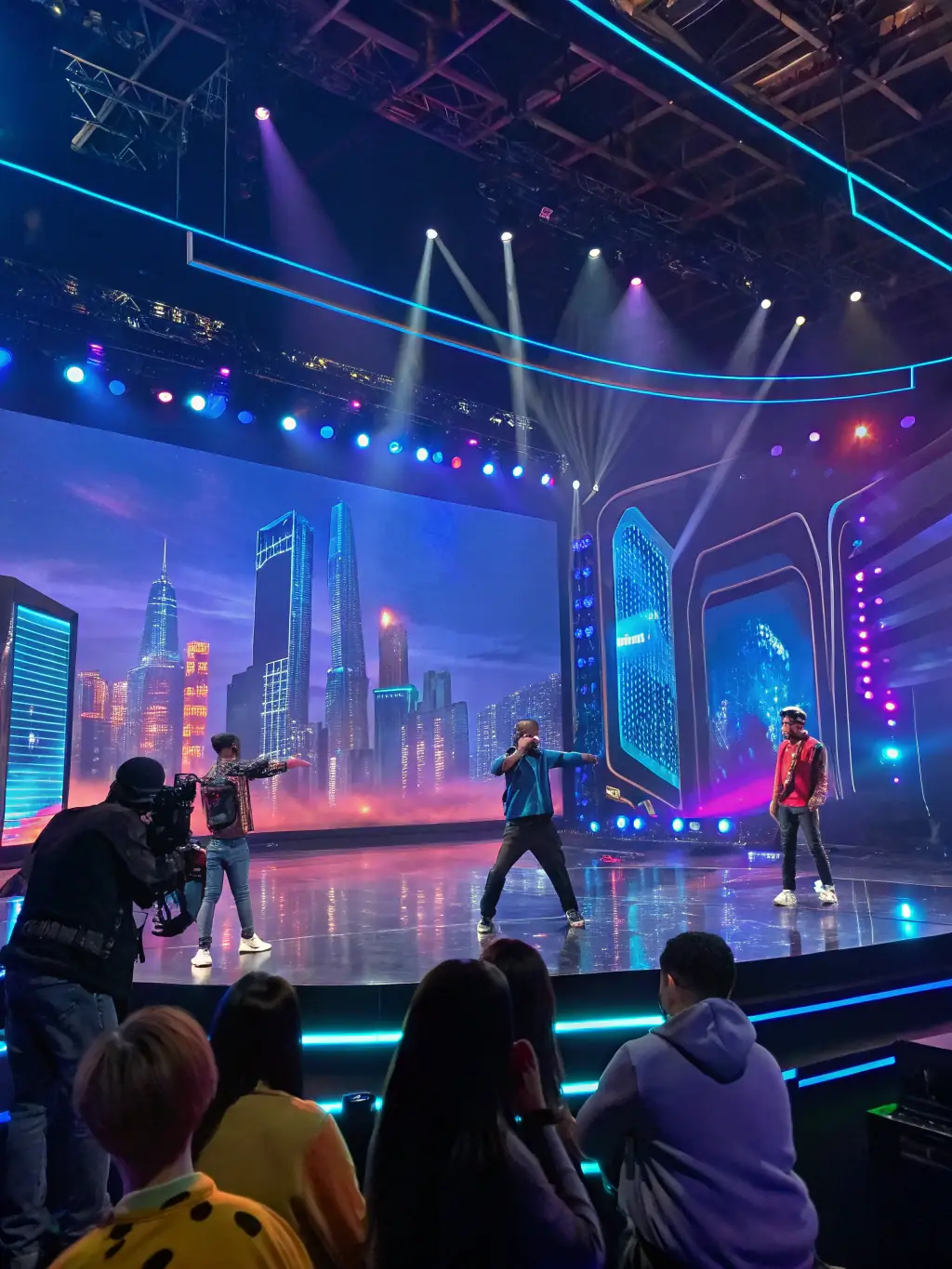 A high-definition image capturing the excitement of a virtual show, with dynamic lighting and engaging performers on a digital stage, reflecting Big Win BR Download's production quality.