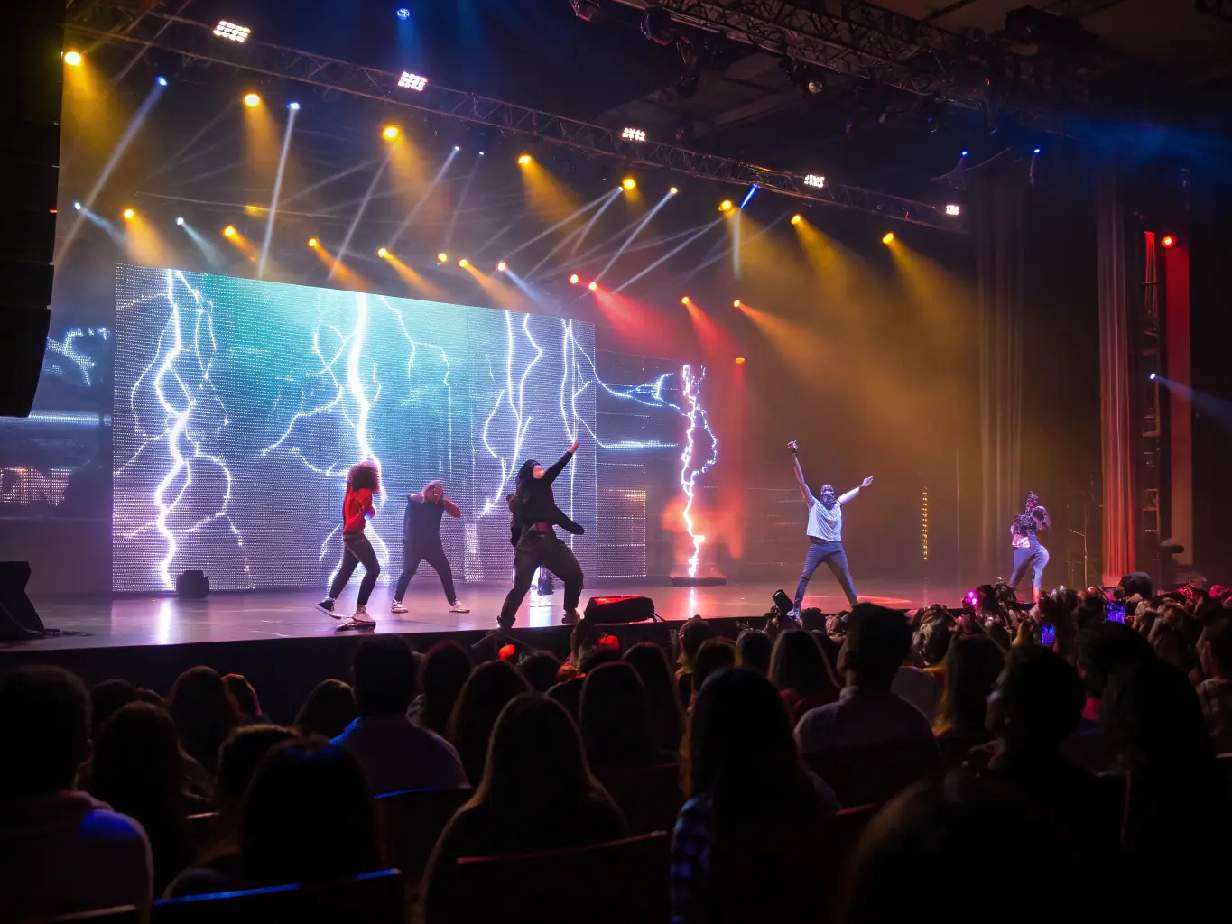 A dynamic image capturing the energy of a live event, with performers on stage and an enthusiastic audience enjoying the show.