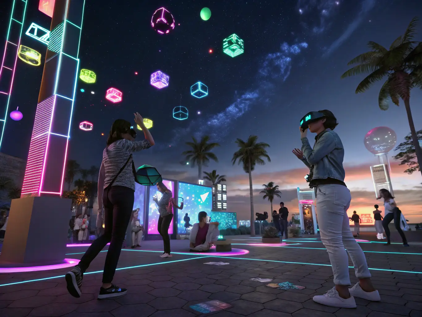 A creative image depicting a virtual party setup, with avatars interacting in a digital environment and engaging in various virtual activities.