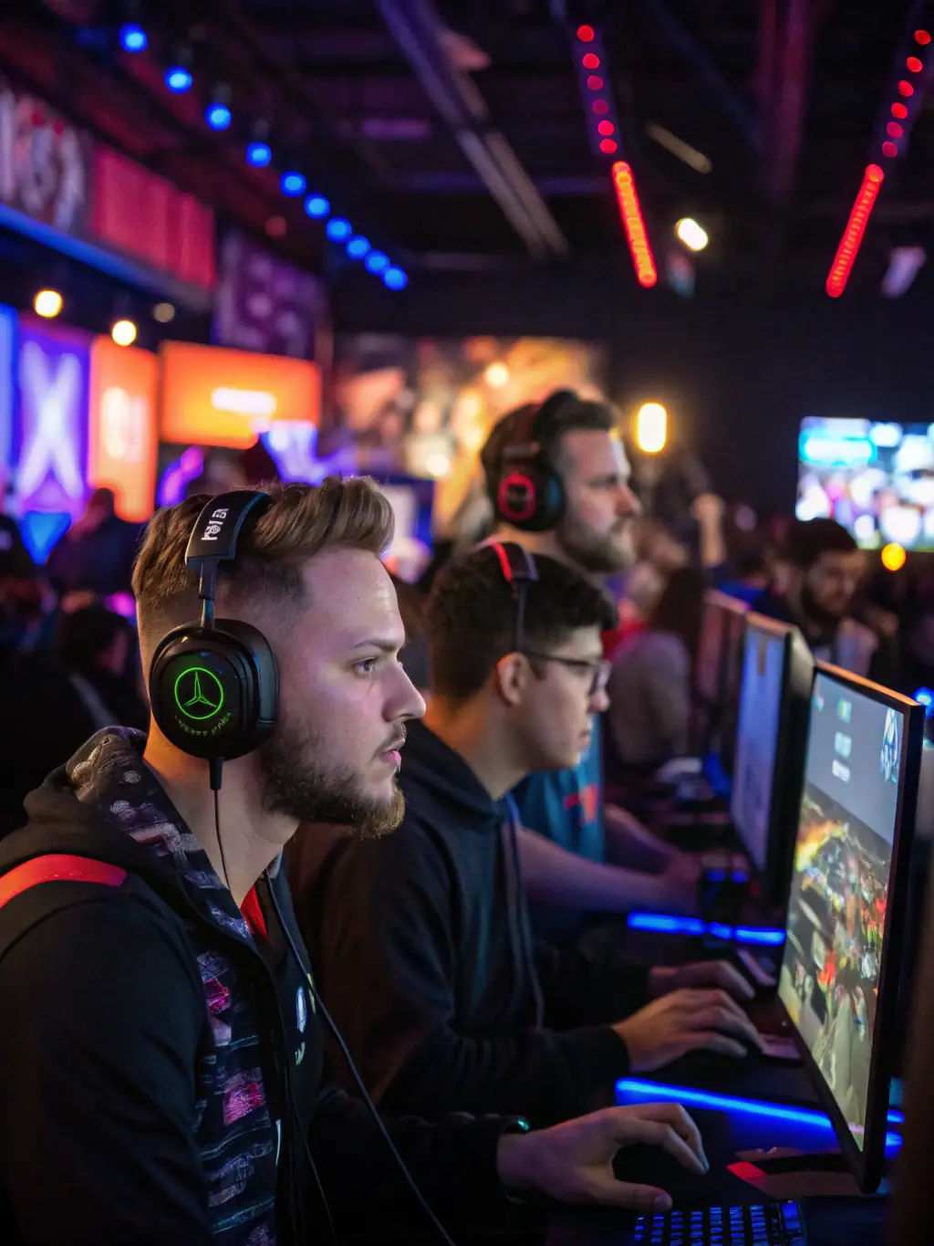 A dynamic image of an online gaming competition, featuring players intensely focused on their screens, with live commentary and audience engagement, showcasing Big Win BR Download's competitive events.