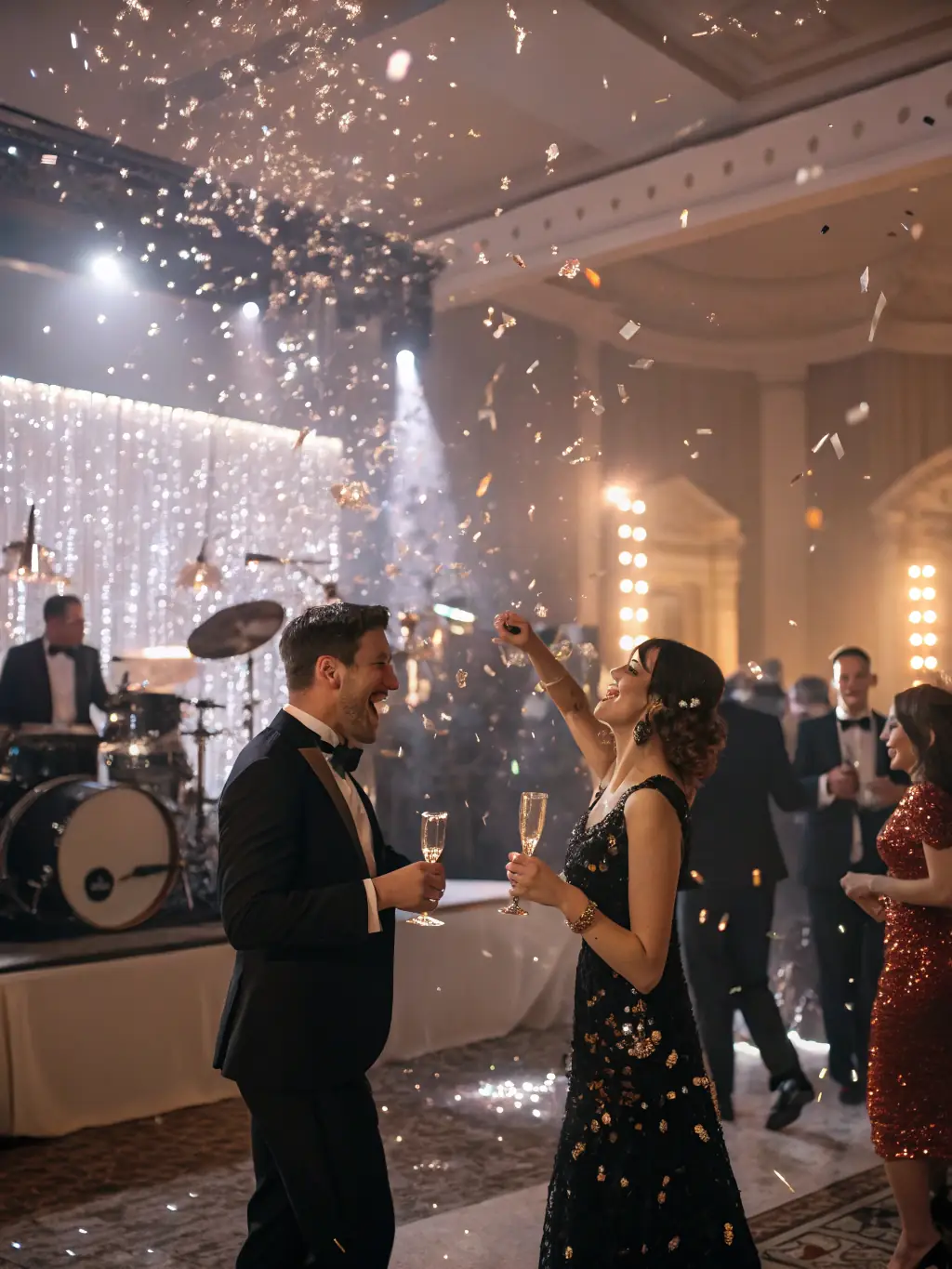 A festive image of a virtual New Year's Eve gala, with participants dressed up and celebrating together online, capturing the celebratory atmosphere of Big Win BR Download's events.